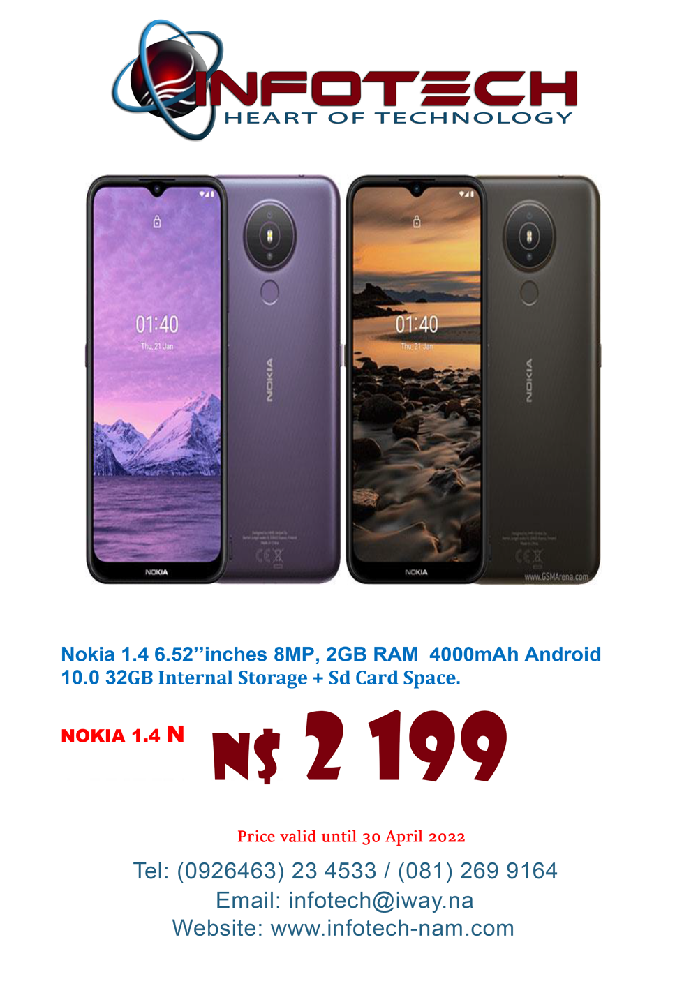 Nokia 1.4 phone for sale at Infotech in Oranjemund.